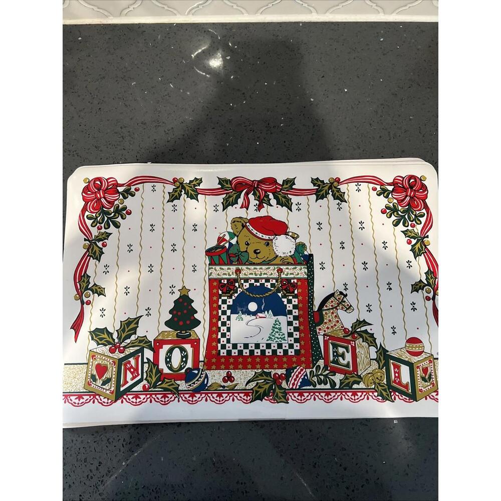 Vintage Christmas Teddy Bear Fireplace Noel Vinyl Placemats Holiday Set 5